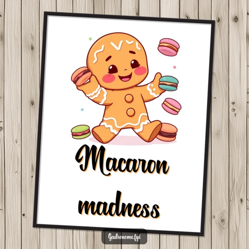 Funny gingerbread man character playfully juggling miniature macarons, available as a digital art print for instant, whimsical wall decor.
