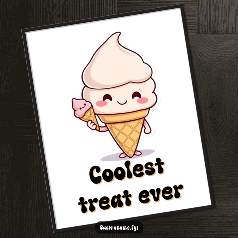 Funny digital art print of a smiling ice cream cone character offering a cone, radiating happiness, sweetness, and playful charm.