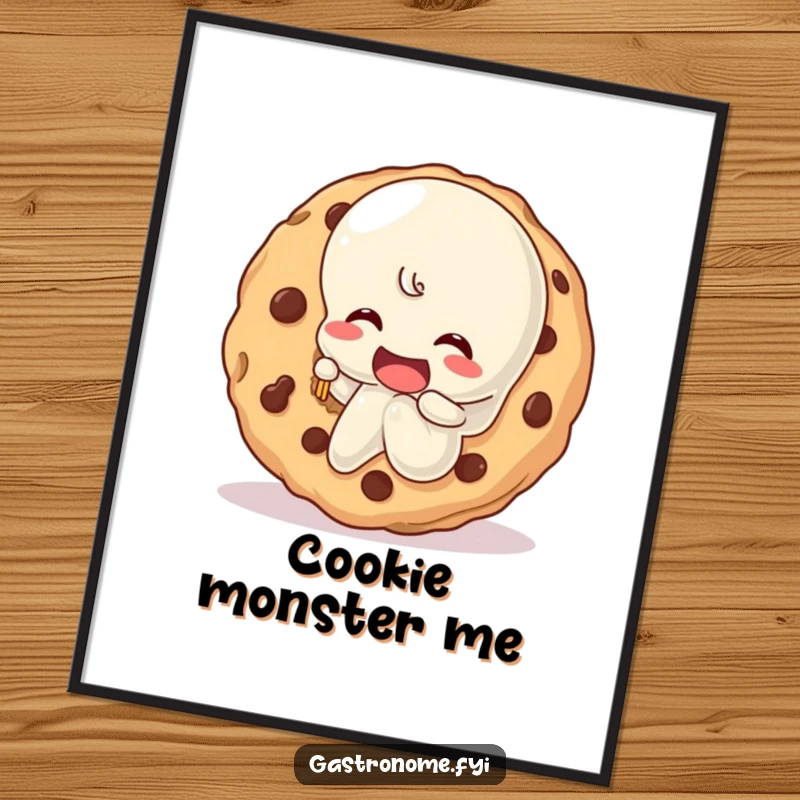 Funny wobbly jelly character happily taking a bite out of a giant cookie, available as a digital art print for instant, whimsical decor.