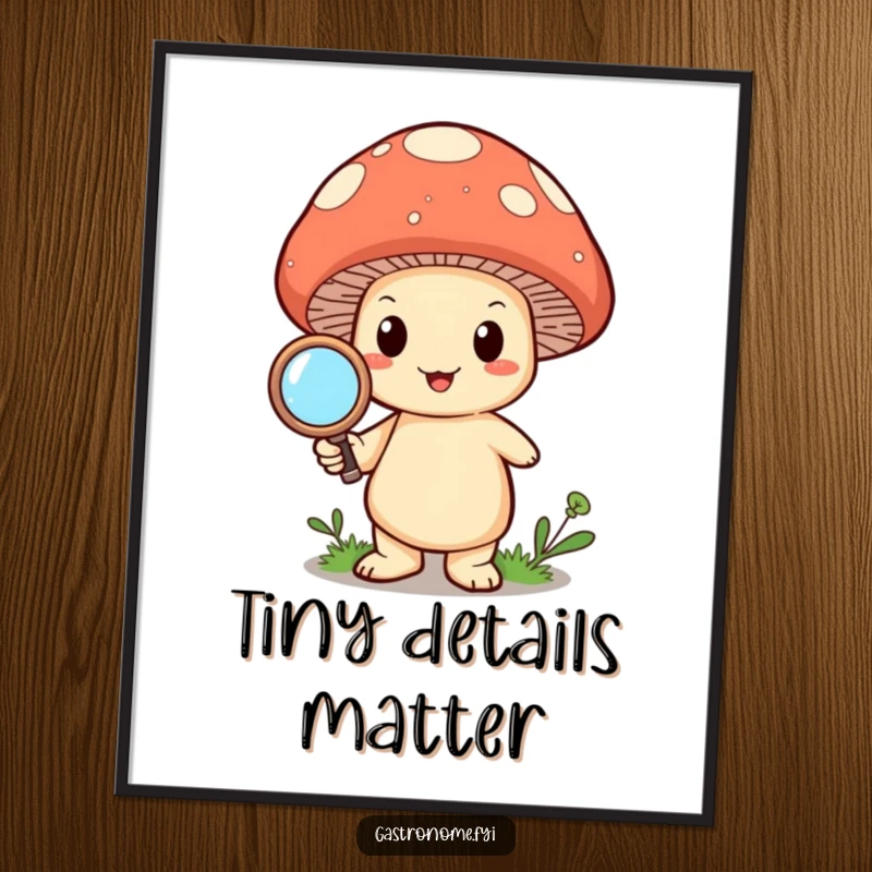 Funny happy mushroom character holding a magnifying glass, offered as a downloadable digital art print for curious decor.
