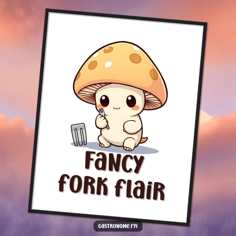 Funny digital art print of a whimsical mushroom character meticulously polishing a tiny silver fork, conveying refined humor and artistic charm.