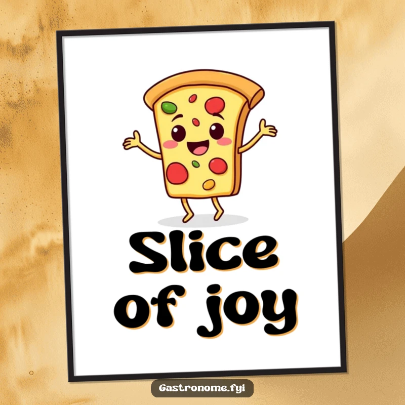 Funny digital art of a cheerful pizza slice character doing a happy jig, vibrant and full of delicious personality.