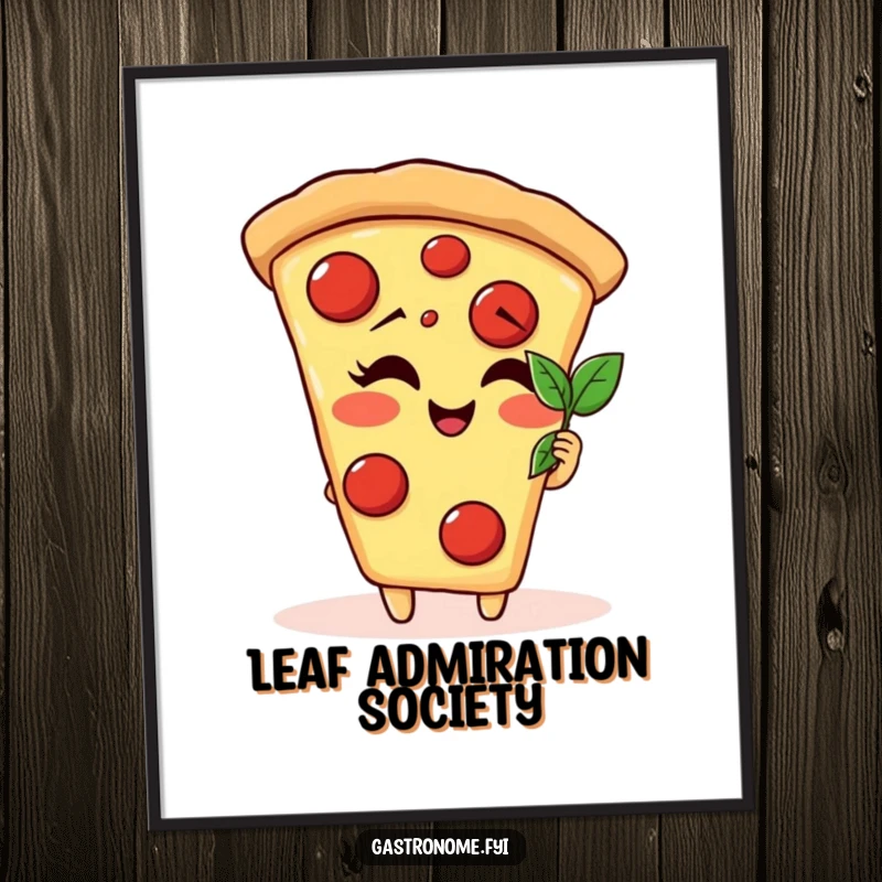 Funny giggling pizza slice character digital art print admiring a tiny basil leaf, offering instant gourmet humor.