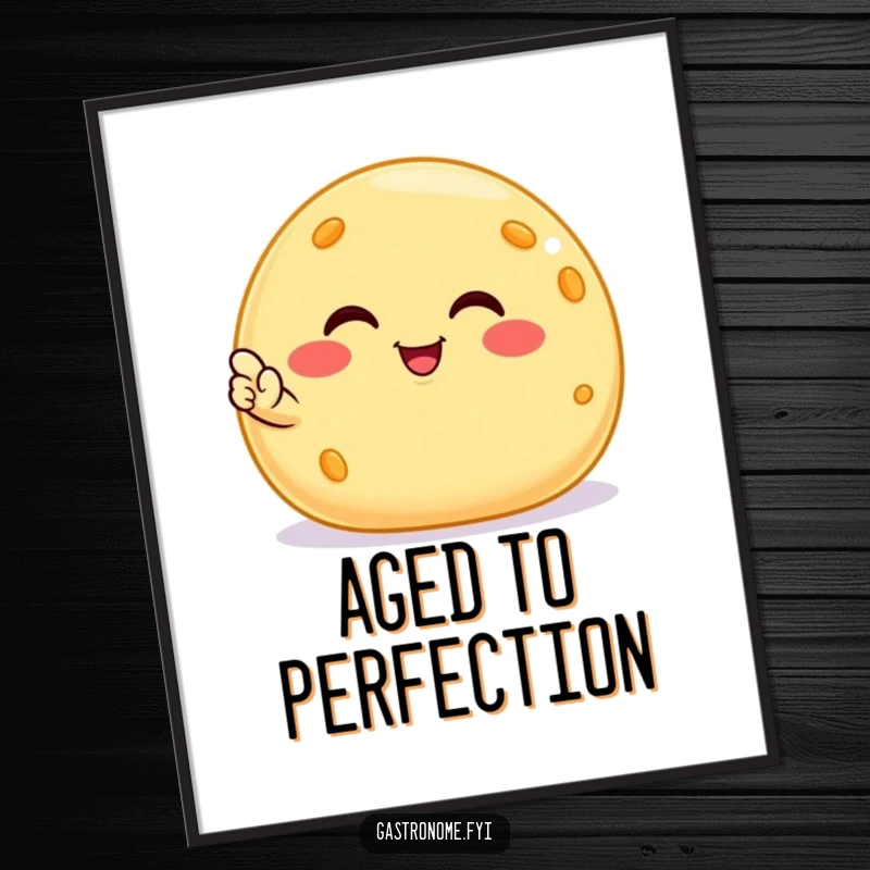 Funny smiling cheese ball digital art print, a satisfied snack character giving a tiny nod, perfect for instant, cheesy, humorous decor.