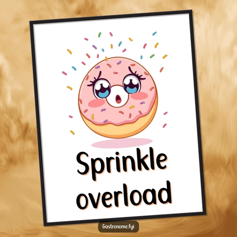 Funny digital art print of a surprised donut character with wide eyes, watching an endless fall of sprinkles.