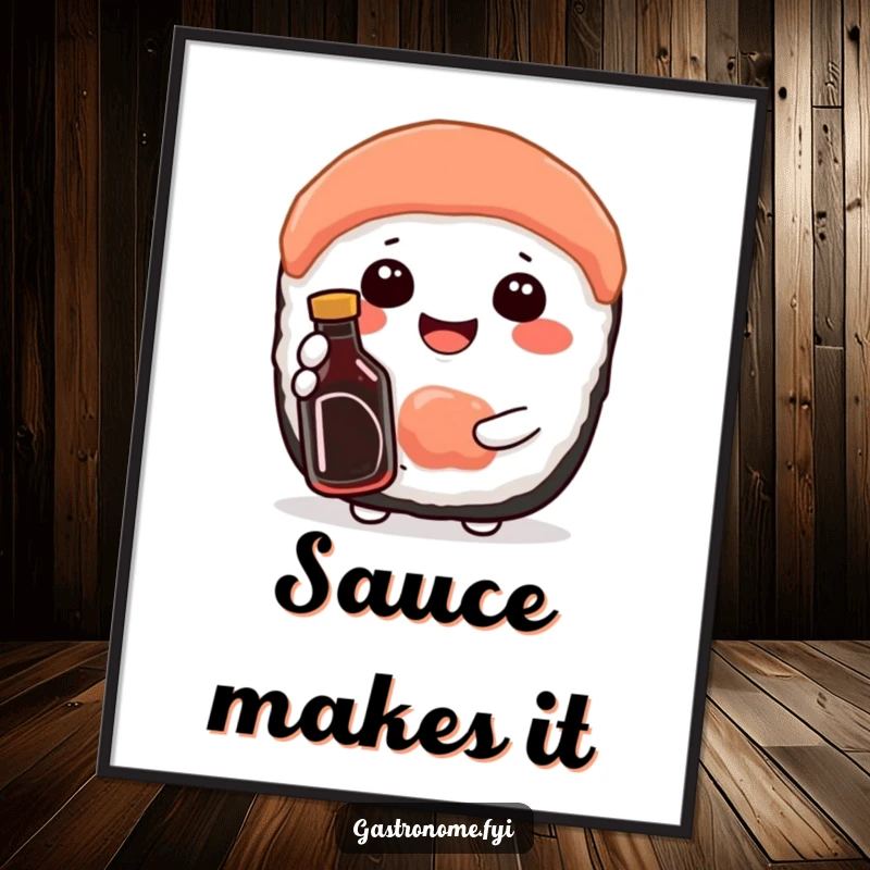 Funny digital art featuring a content sushi character beaming while holding a miniature soy sauce bottle, celebrating food.