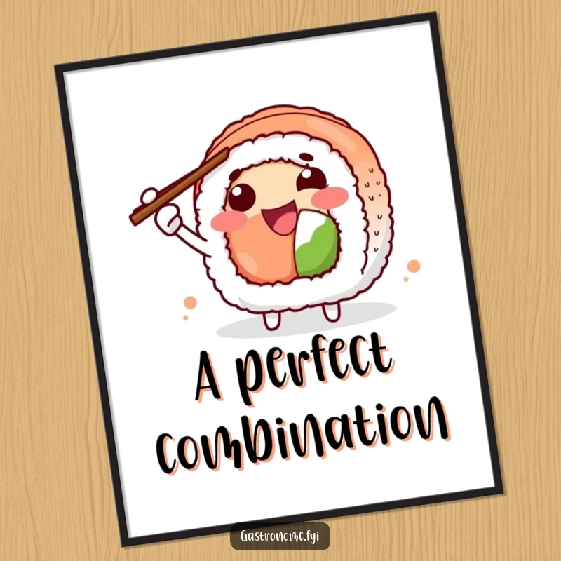 Funny Digital Art Print of a joyful sushi roll character enthusiastically gesturing with chopsticks. High-resolution artwork for instant download.