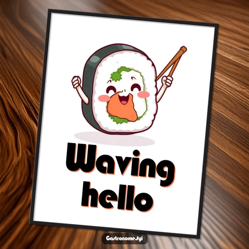 Funny sushi roll digital art print, showing a smiling sushi character enthusiastically waving chopsticks like tiny batons, perfect for humorous wall decor.