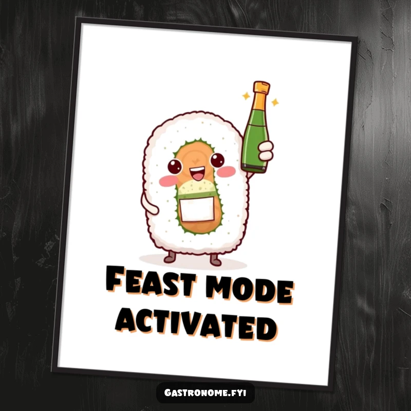 Funny digital art print of a sushi roll character proudly presenting a tiny bottle of sparkling wine, ideal for festive decor.