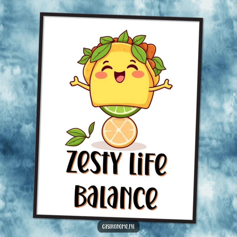 Funny thrilled taco character balancing a lime, offered as a downloadable digital art print for vibrant decor.