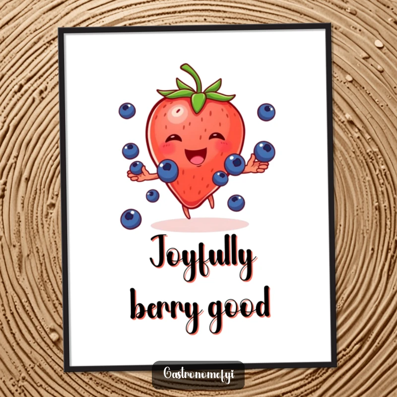 Funny digital art print of a cheerful strawberry character gleefully juggling tiny blueberries, perfect for instant fruity-themed decor.