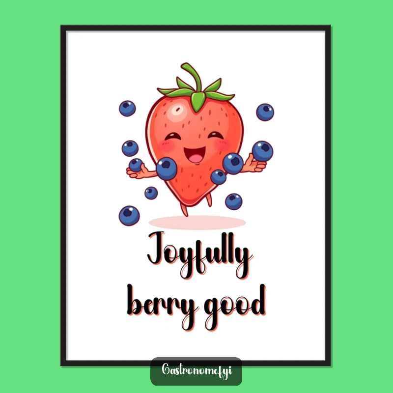 Funny Strawberry Juggling Blueberries Digital Print: Instant Fruity Decor