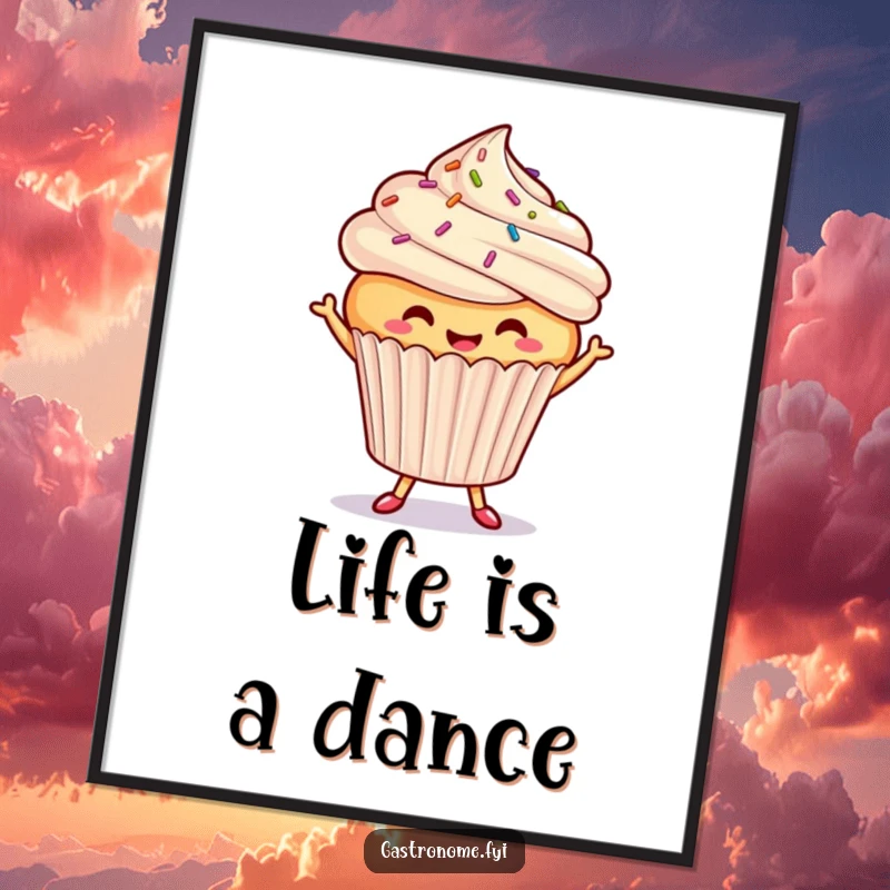 Funny dancing cupcake digital art print, a smiling cupcake with sprinkles doing a happy dance, offering instant, sweet, and humorous wall decor.