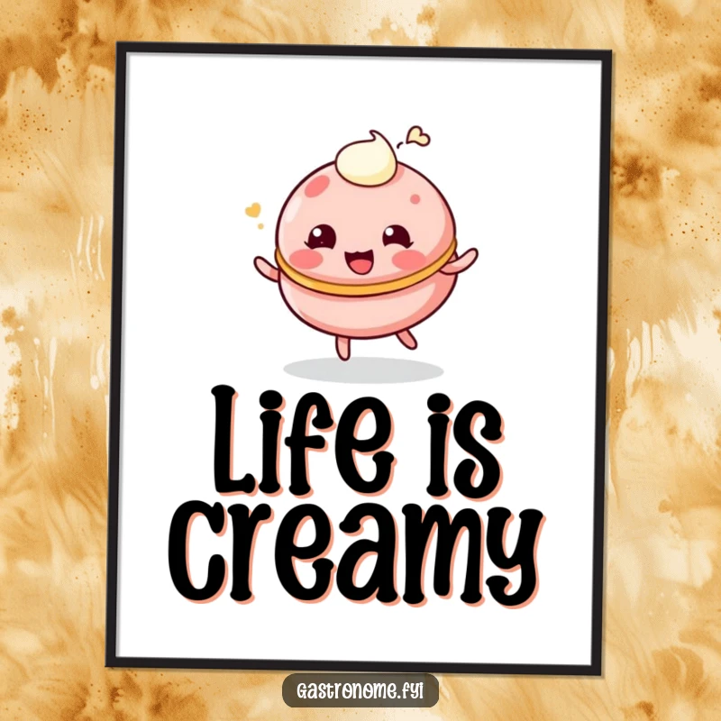 Funny digital art print of a giggling, bouncing macaroon character with a cream dollop, for instant fun.