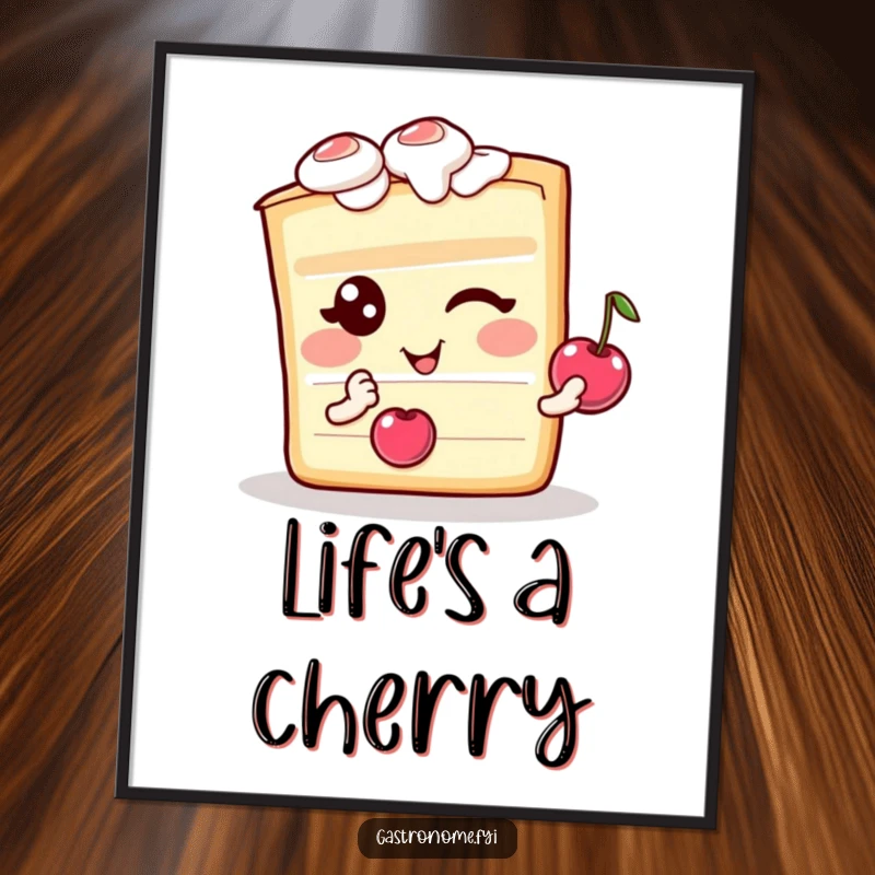 Funny digital art print of a winking cake slice character holding a cherry, for immediate humorous decor.