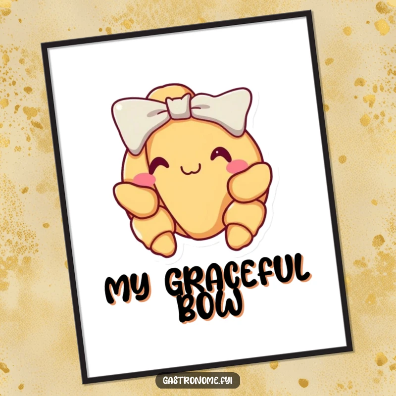 Funny croissant digital art print, depicting a delighted croissant performing a proud little bow, perfect for elegant and humorous wall decor.
