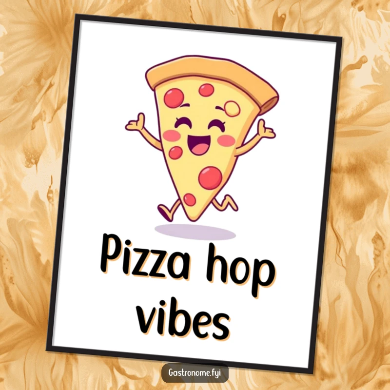 Funny pizza slice digital art print, depicting a joyful pizza slice doing a happy little hop, perfect for cheerful wall decor.