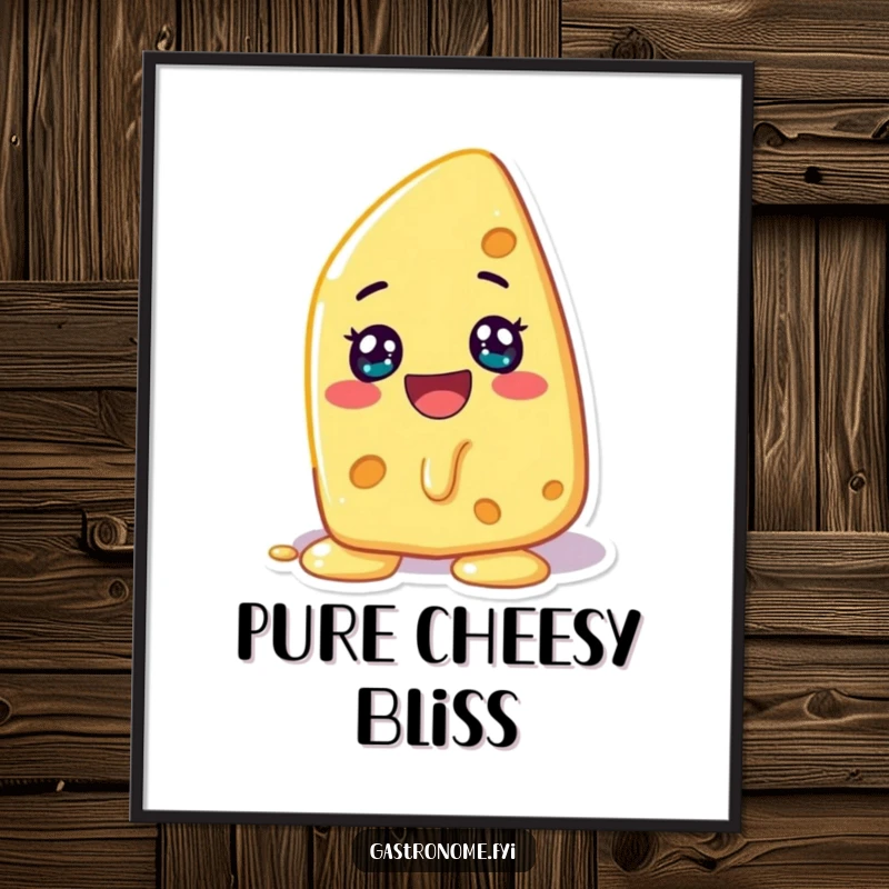 Funny digital art print of a cheerful cheese character melting with glee, perfect for fun and cheesy wall decor.