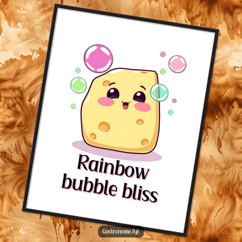 Funny cheese wedge character blowing rainbow bubbles, offered as a downloadable digital art print for cheerful decor.
