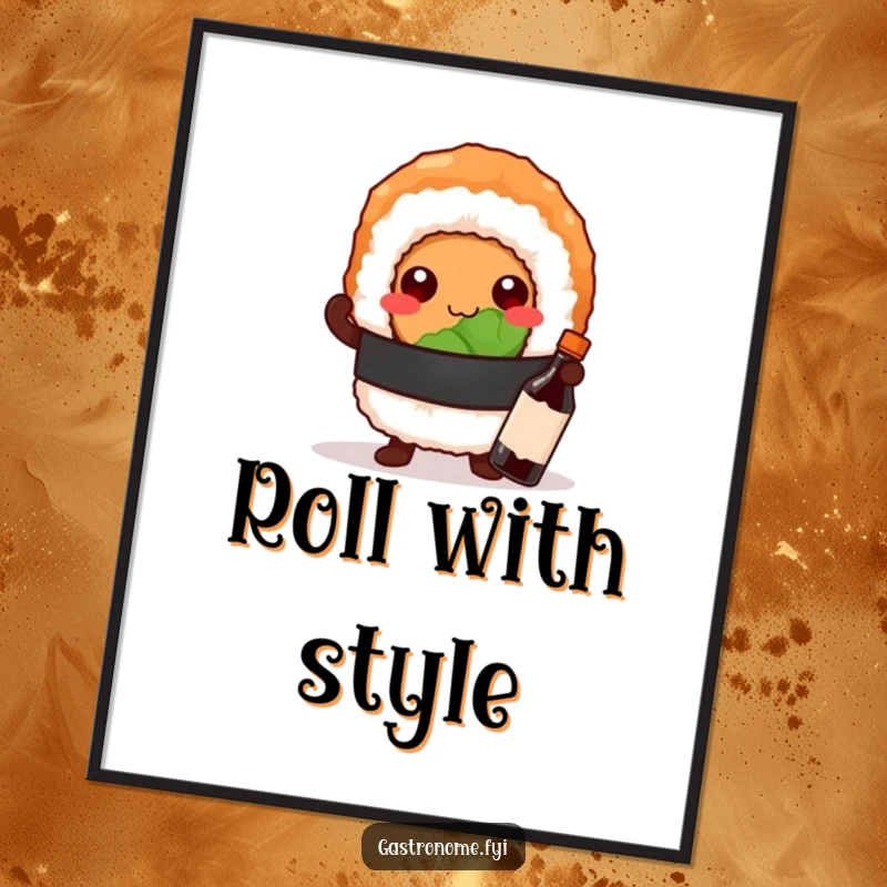 Funny digital art of a proud sushi roll character posing with a tiny soy sauce bottle, bold and full of flavor.