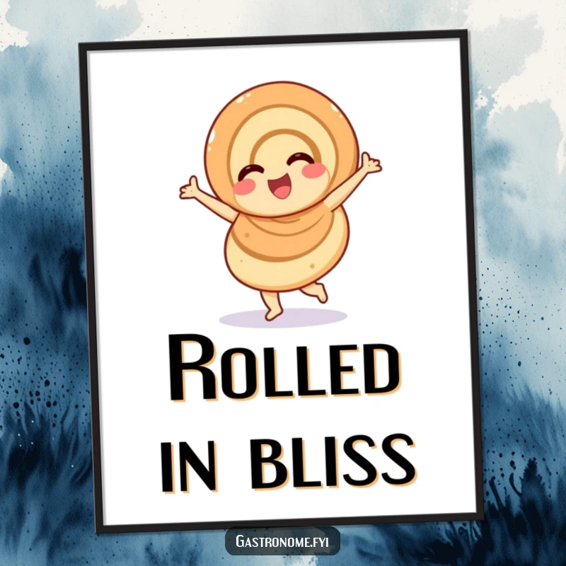 Funny overjoyed cinnamon roll digital art print, a whimsical pastry character doing a cheerful twirl, perfect for instant, sweet, humorous decor.