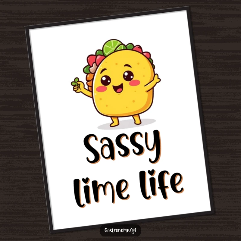 Funny cheerful taco character digital art print striking a sassy pose with a tiny lime wedge, offering instant fiesta flair.