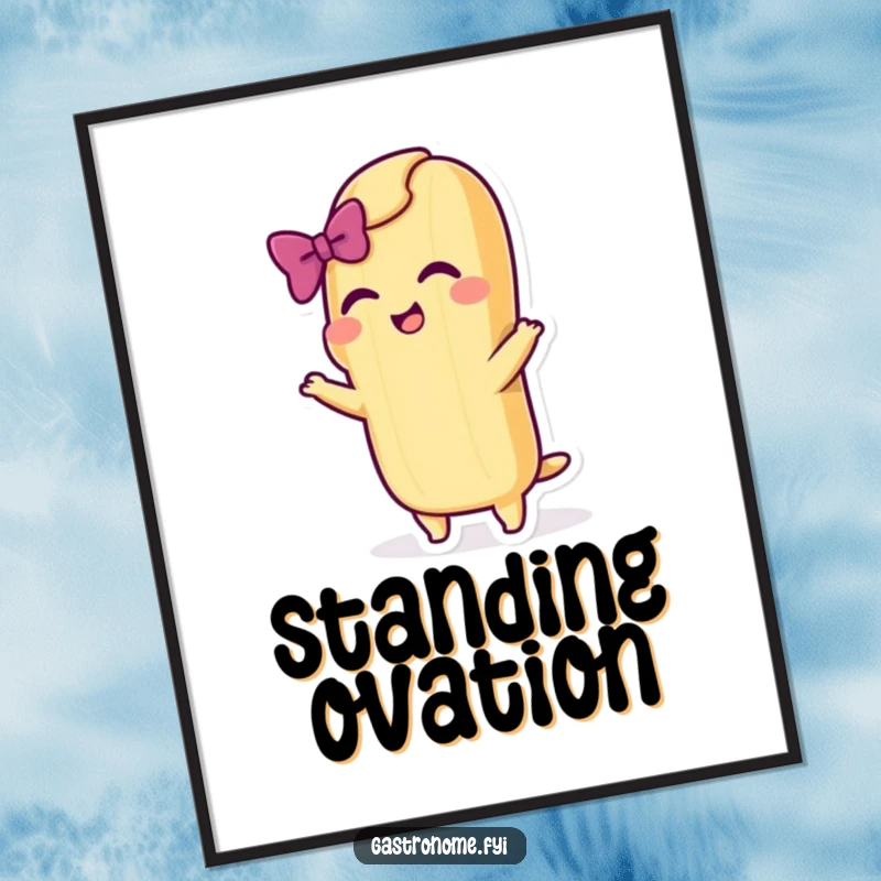 Funny digital art print of a baguette character taking a dramatic bow with a flourish, ideal for theatrical and whimsical decor.