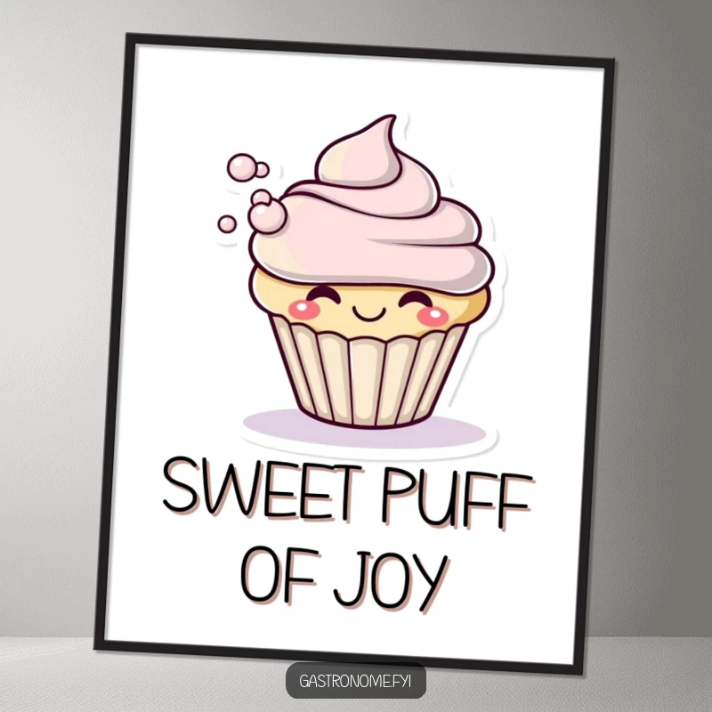 Funny digital art print of a smiling cupcake character dramatically blowing a small puff of frosting, perfect for instant sweet-themed decor.
