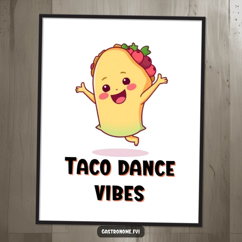 Funny taco digital art print, depicting a happy taco energetically performing a joyful salsa dance, perfect for vibrant wall decor.