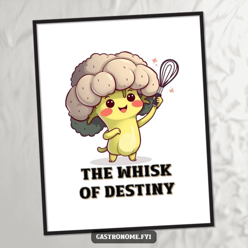 Funny digital art print of a happy broccoli character doing a dramatic whisk flourish, perfect for kitchen decor.