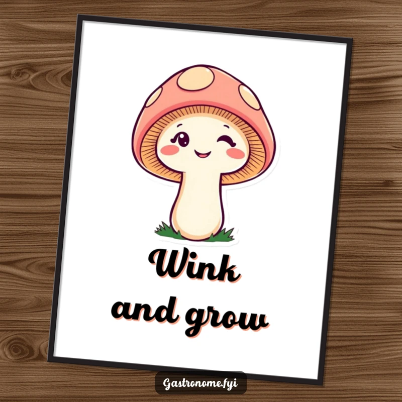 Funny cheeky mushroom digital art print, a whimsical, winking fungi character perfect for instant, playful, humorous decor.
