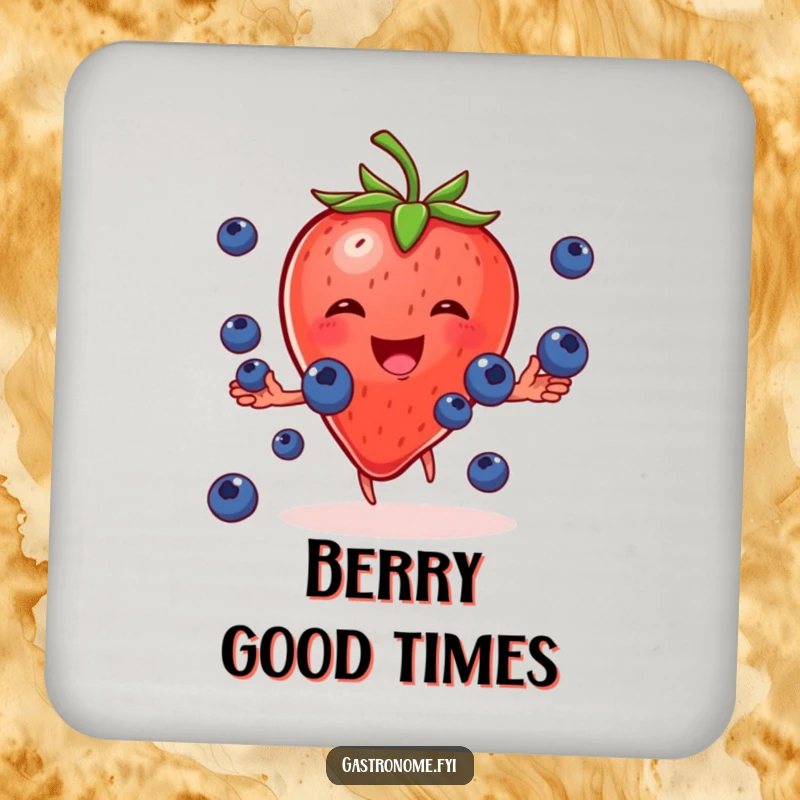 Funny drink coaster with a cheerful strawberry character gleefully juggling tiny blueberries, a cute accessory for fruit lovers.