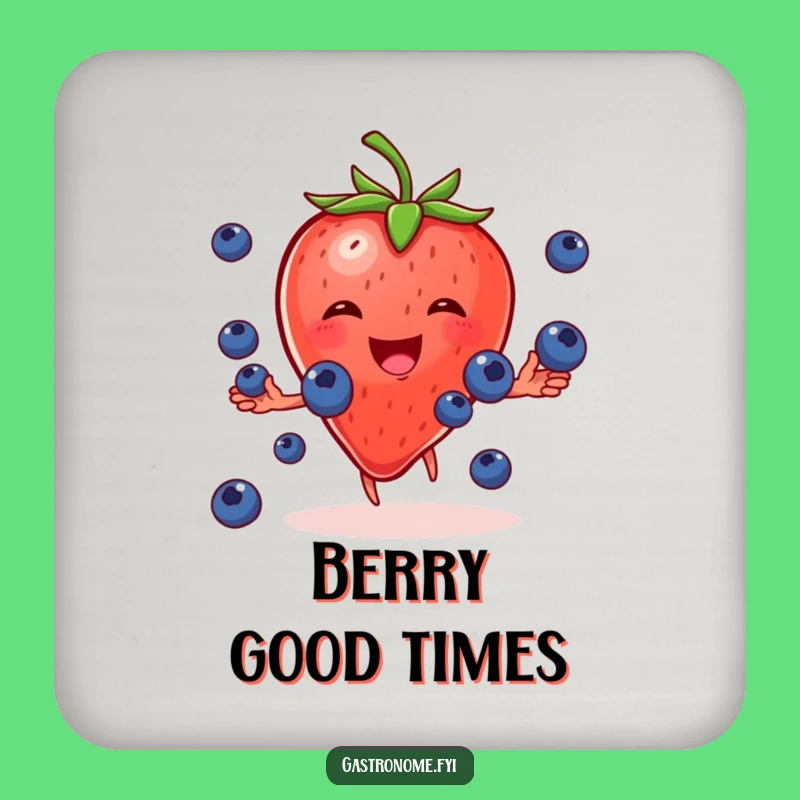 Funny Strawberry Juggling Blueberries Coaster: Small Fruity Gift