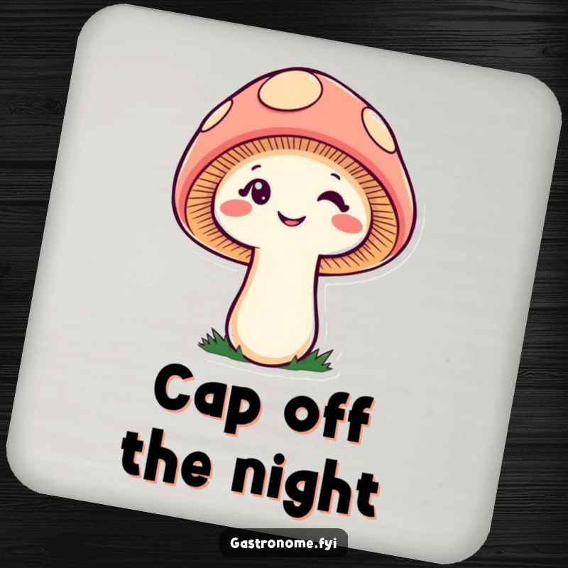 Funny cheeky mushroom drink coaster, a winking fungi character protecting surfaces with playful, humorous flair.