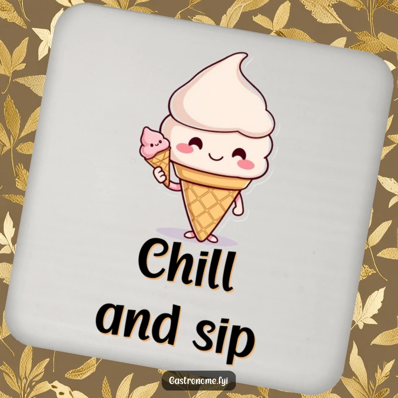 Funny coaster featuring a smiling ice cream cone character offering a cone, bringing sweet charm and humor to drink protection.