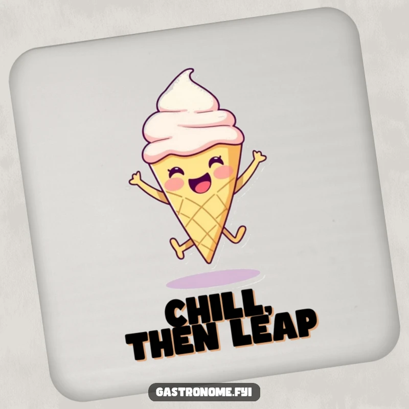 Funny ice cream cone character in mid-leap, adding a touch of playful sweetness to a protective drink coaster.