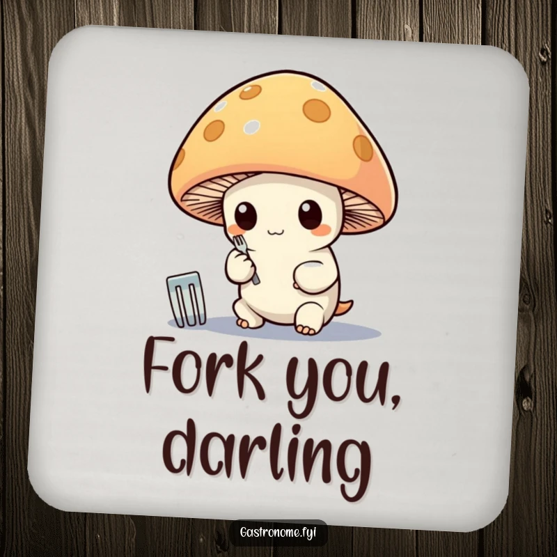 Funny coaster featuring a whimsical mushroom character polishing a tiny silver fork, adding a touch of refined humor to drink protection.