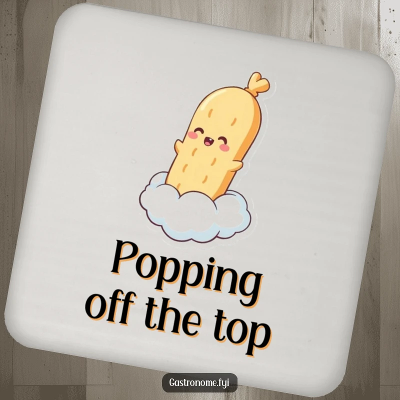 Funny drink coaster featuring a pleased baguette character floating on a steam cloud, a humorous and protective addition to any table.