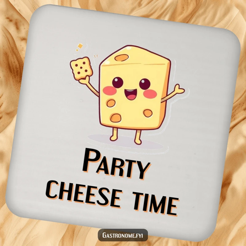 Funny Drink Coaster featuring a smiling cheese wedge character balancing a cracker with flair, adding cheesy humor.