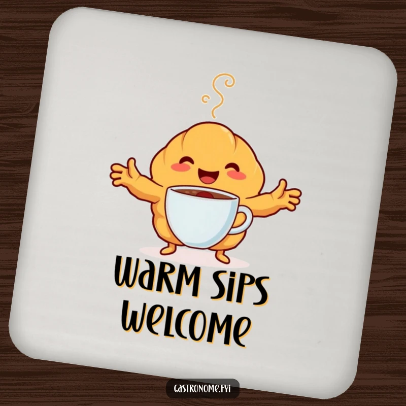 Funny Coaster showcasing a happy croissant character embracing a steaming coffee cup. Protects surfaces with humorous food-themed design.