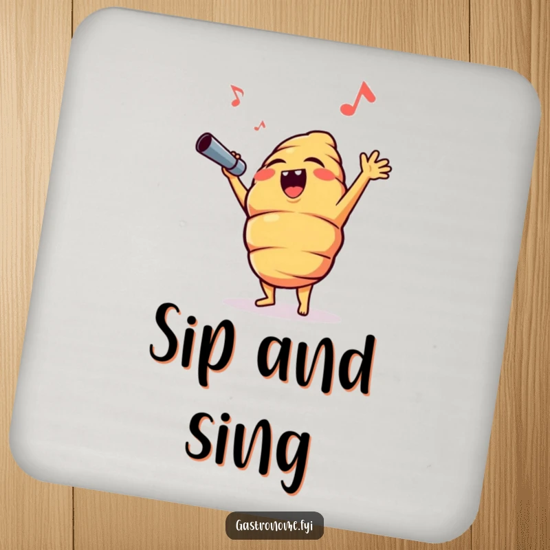 Funny croissant character singing opera, printed on a drink coaster, providing humorous protection for tables and surfaces.