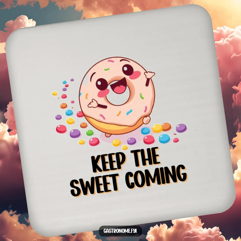 Funny drink coaster with a joyful donut character rolling downhill, leaving a trail of colorful candies, for protecting surfaces with sweet humor.