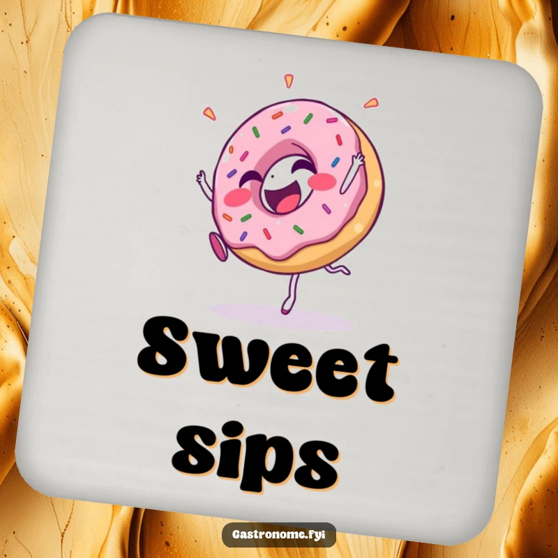Funny drink coaster with a giggling donut character covered in sprinkles, performing a cartwheel, adding a pop of fun.