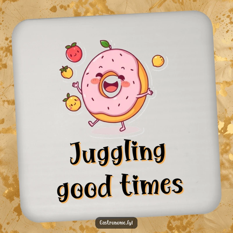 Funny donut character drink coaster happily juggling three small fruits, adding a touch of humor to drink service.
