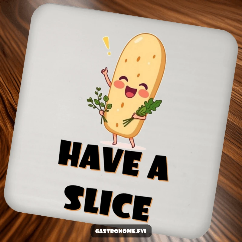 Funny excited baguette drink coaster, a charming bread character holding herbs, protecting surfaces with humorous flair.