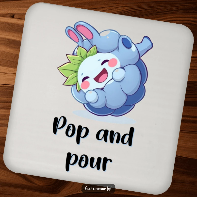 Funny giggling blueberry drink coaster, a playful fruit character mid-somersault, protecting surfaces with humorous delight.
