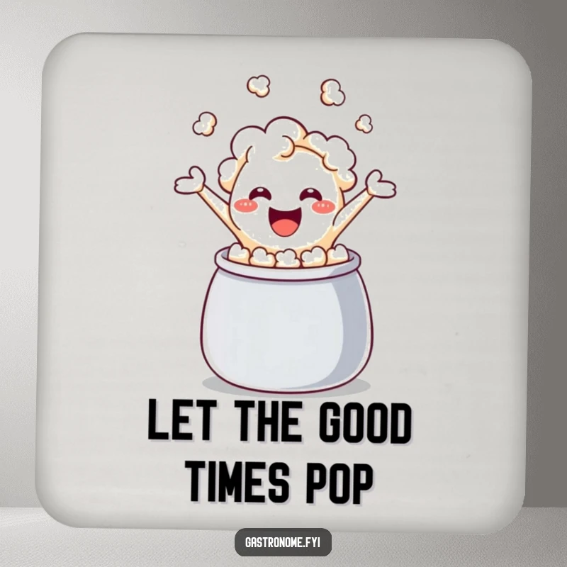 Funny popcorn kernel coaster, a kernel mid-leap from a kettle, providing humorous protection for tables and surfaces during any gathering.