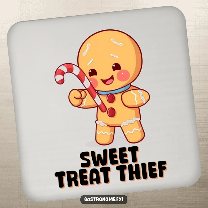 Funny drink coaster featuring a mischievous gingerbread man character stealing a candy cane, a humorous and protective addition to any table.