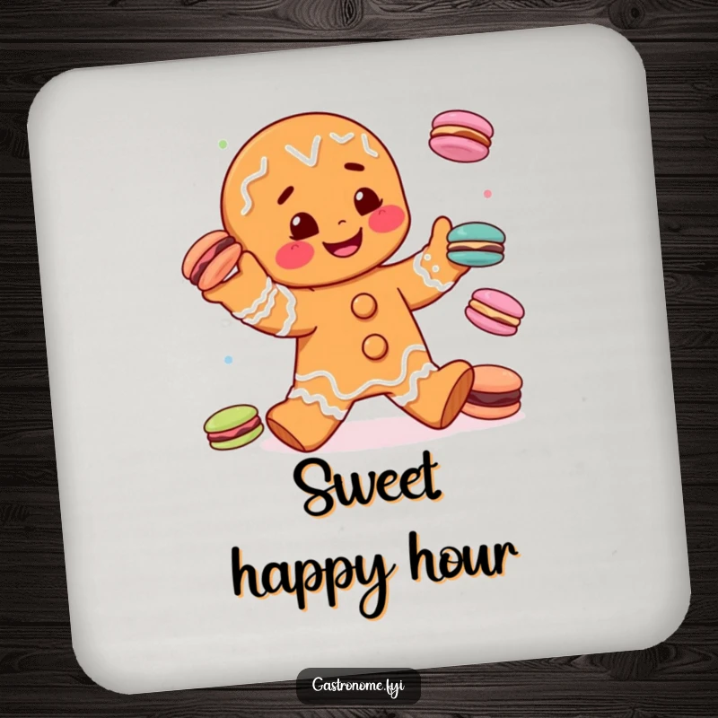 Funny gingerbread man character juggling miniature macarons, printed on a drink coaster, providing humorous protection for tables.