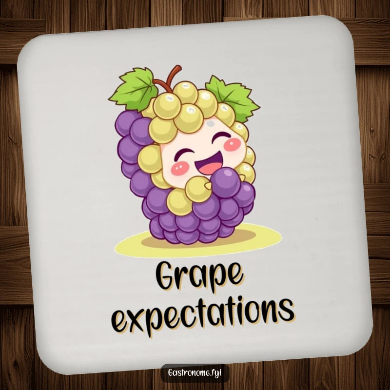 Funny grape cluster character in a humorous rolling pose, featured on a durable drink coaster, adding playful charm to any table setting.